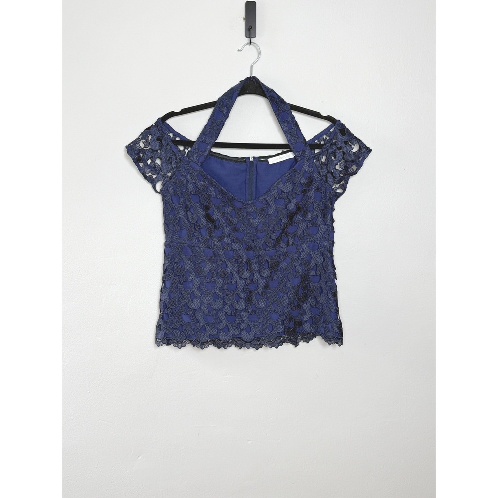 Anne Fontaine Blouse Womens 10 Blue French Lace Cold Shoulder Halter Top Formal
